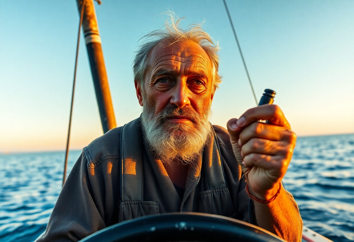 AI generated art for prompt: Craft an ultra-realistic portrait of a weathered fisherman standing at his boat's bow on a tranquil 