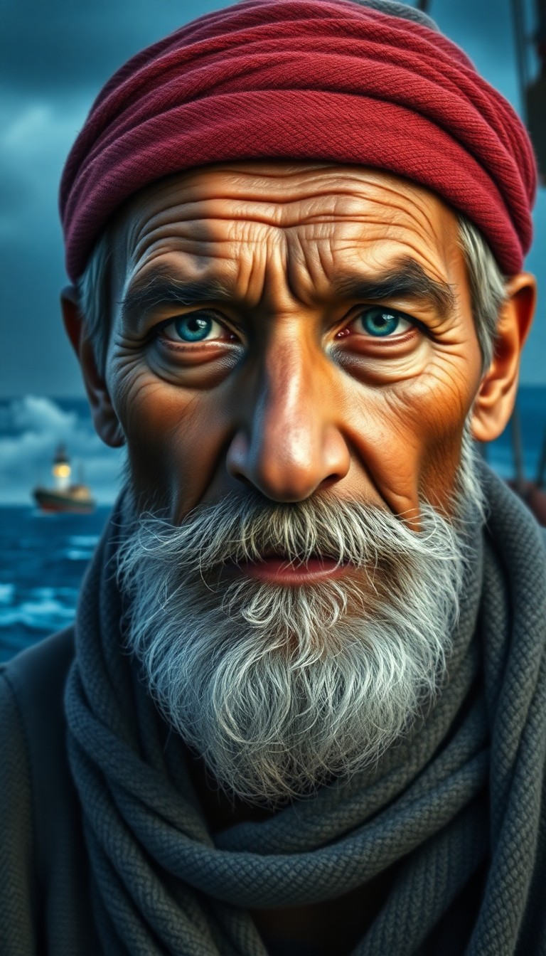 AI generated art for prompt: Visualize a captivating portrait of an elderly sailor, his warm blue eyes and graying beard set agai