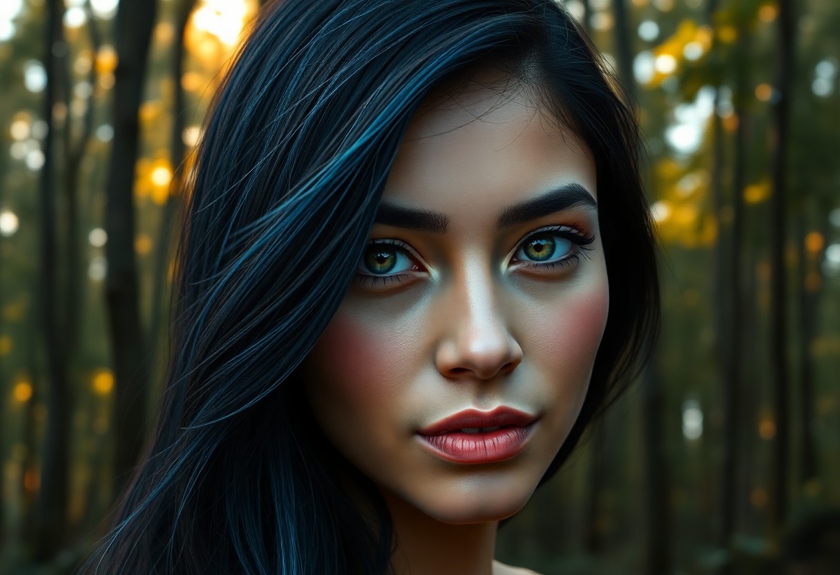 AI generated art for prompt: Craft a digital hyperrealism portrait showcasing an enigmatic Latin American woman with jet-black ha