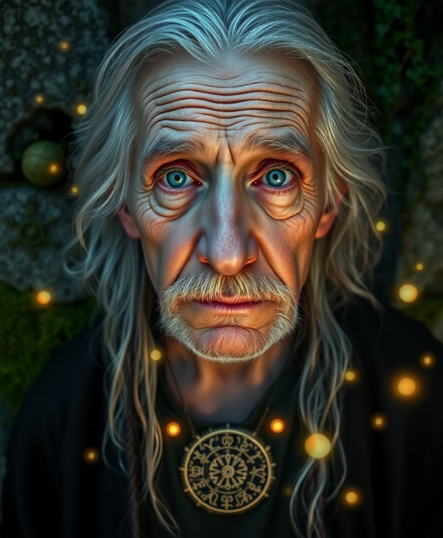 AI generated art for prompt: An ultra-realistic portrait of a sagacious old mystic with wistful blue eyes and silver hair capture