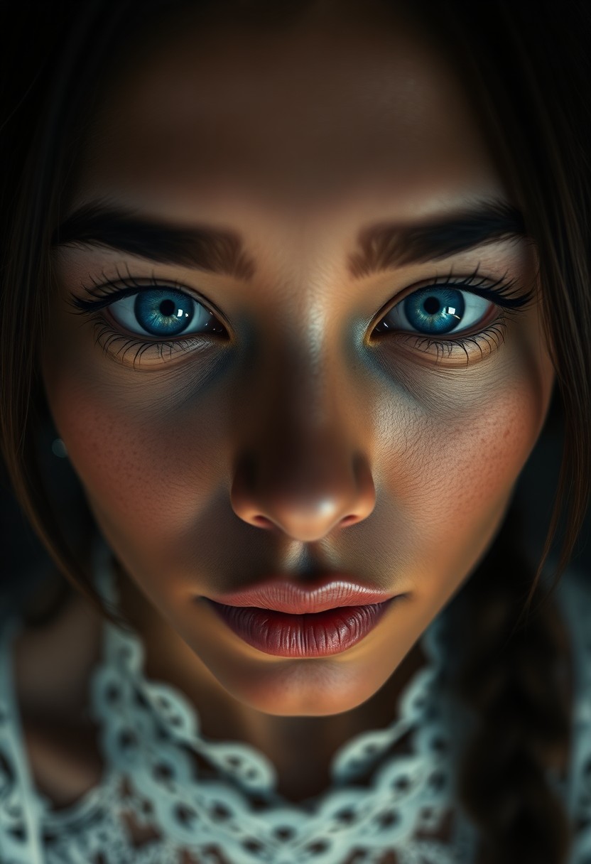 AI generated art for prompt: Create an intimate photorealistic portrait of a Pacific Islander woman with piercing blue eyes and t