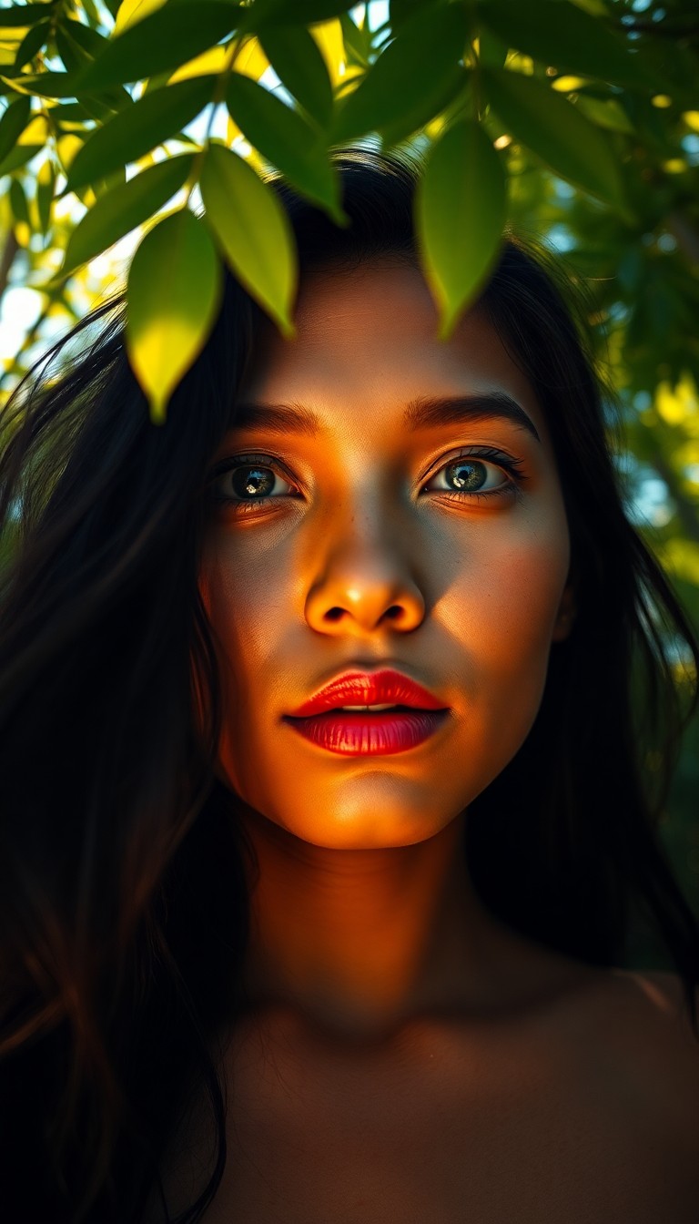 AI generated art for prompt: A portrait photograph showcases an enigmatic Micronesian woman with captivating warm blue eyes and d