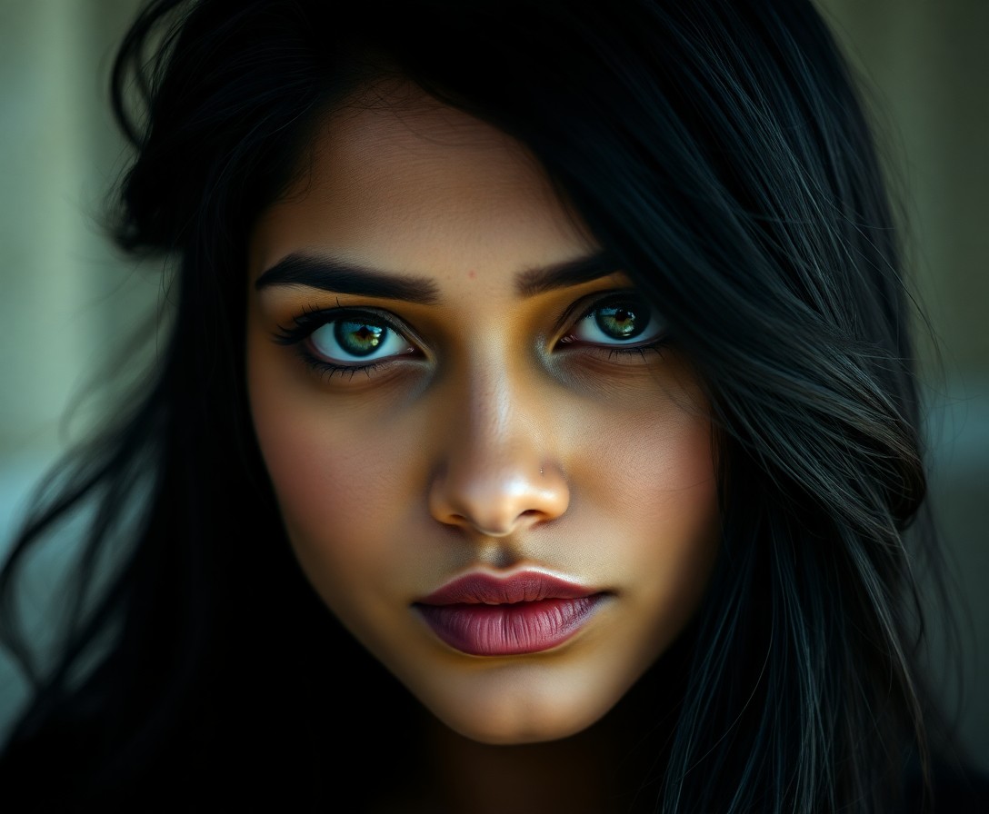 AI generated art for prompt: A photorealistic portrait photograph captures an enigmatic South Asian woman in close-up, her warm g