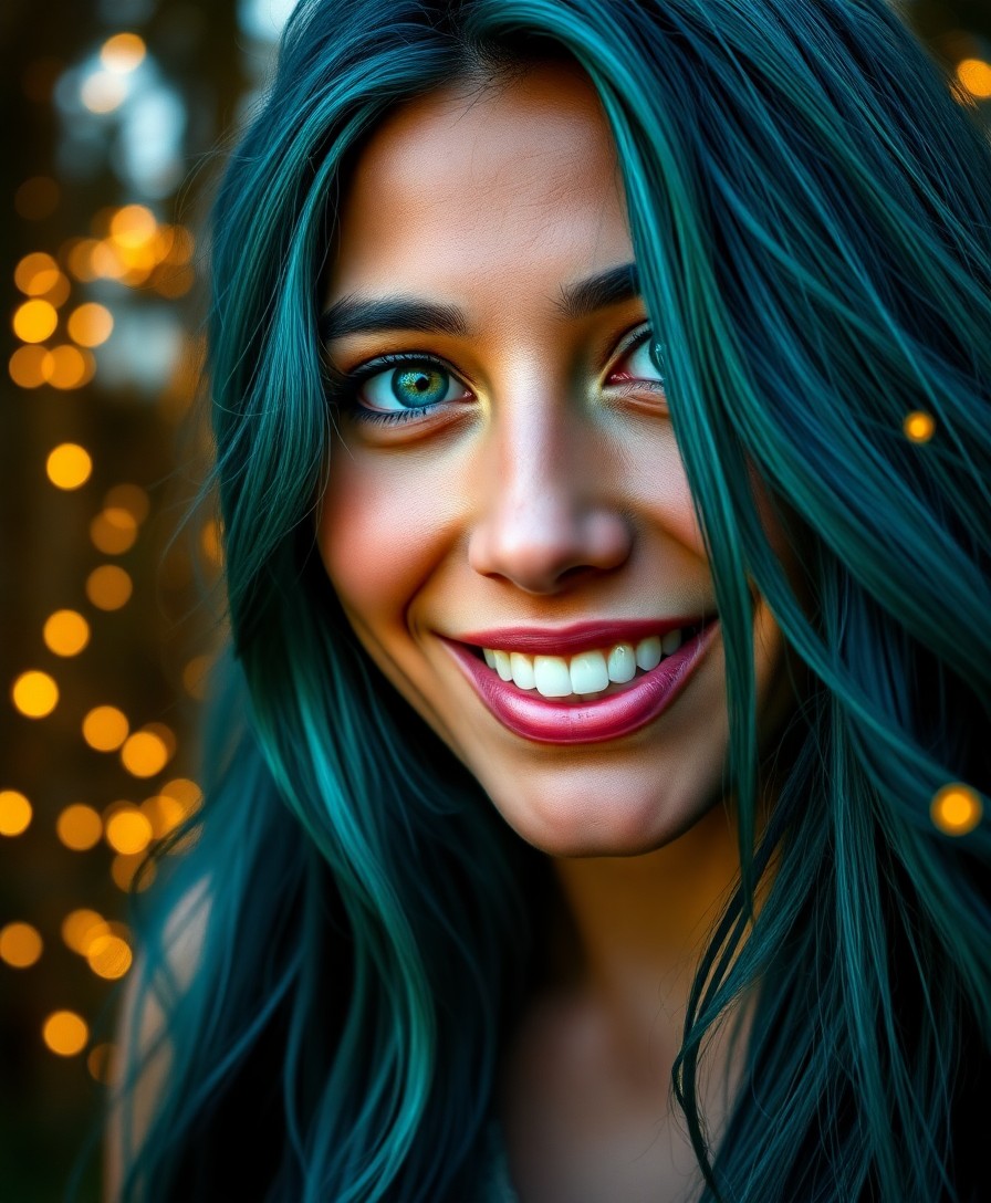 AI generated art for prompt: A hyper-realistic portrait depicts a youthful Andean woman with vibrant turquoise hair flowing over 