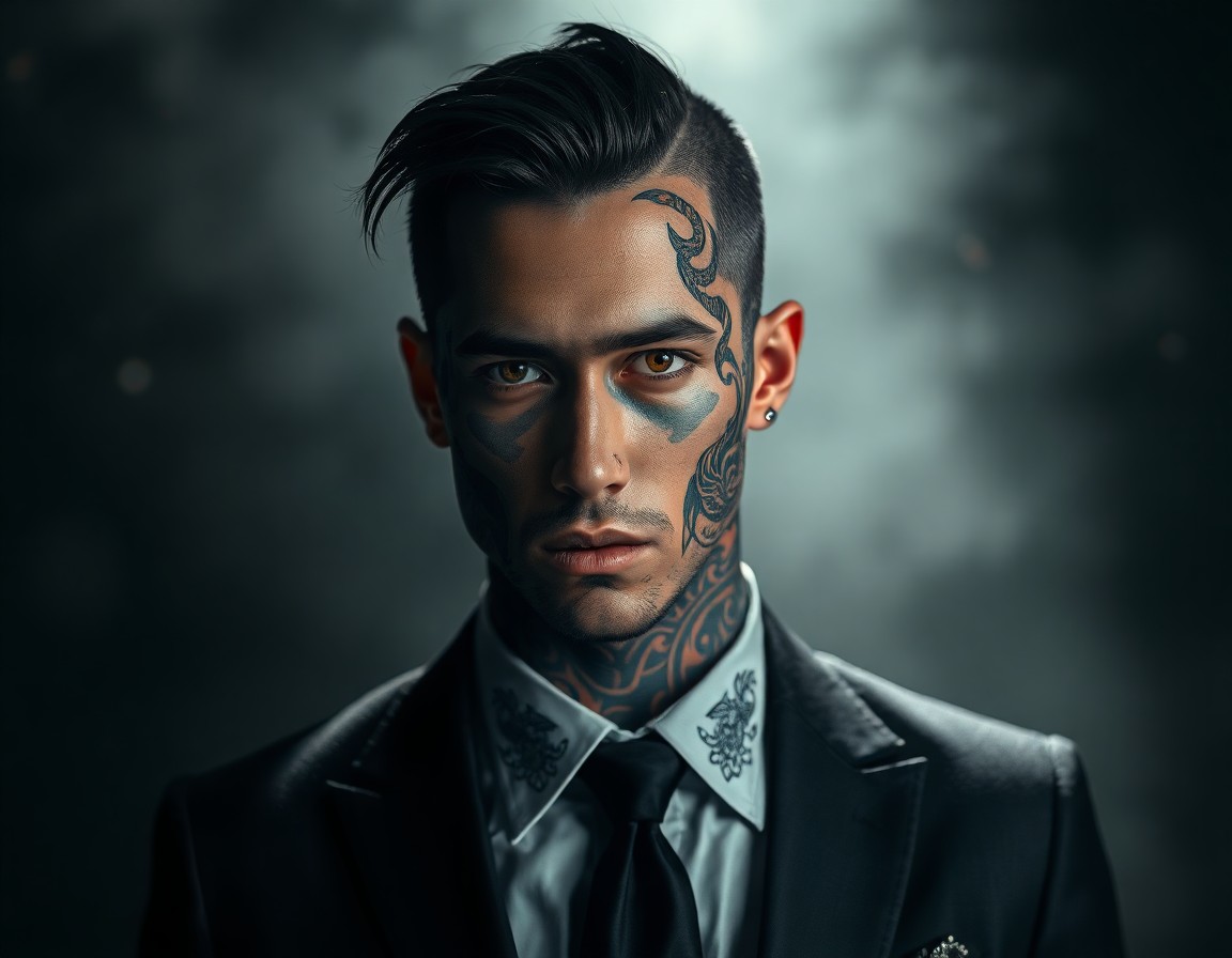 AI generated art for prompt: Envision an enigmatic portrait of a captivating individual adorned with intricate tattoos—a fusion o