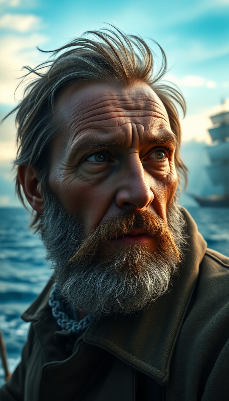 AI generated art for prompt: Craft a photorealistic portrait of a seasoned sailor with a rugged visage, his deep-set eyes and sal