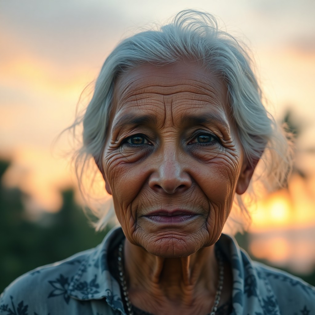 AI generated art for prompt: Envision a serene portrait of an elderly Micronesian woman, her deep-set eyes and silver-white hair 