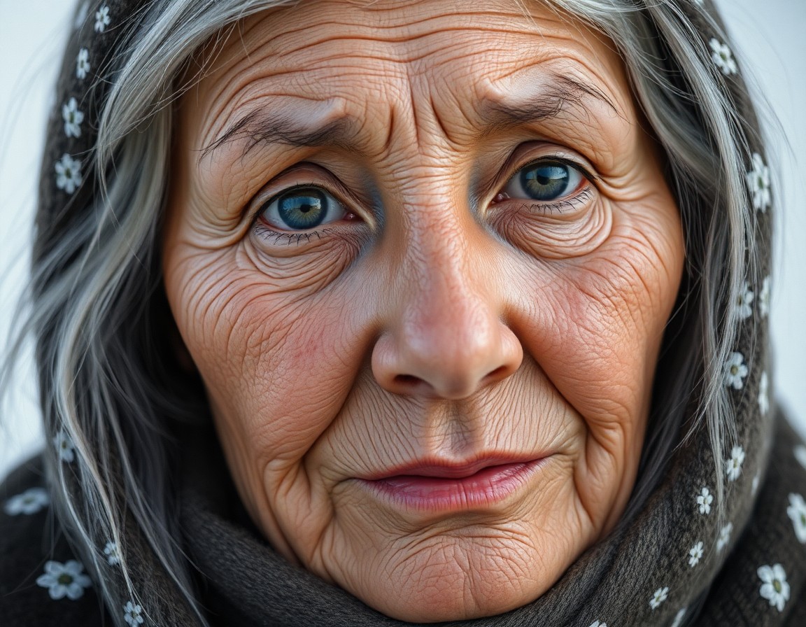 AI generated art for prompt: Envision a detailed portrait of an elderly Inuit woman with kind, wise eyes and silver hair adorned 