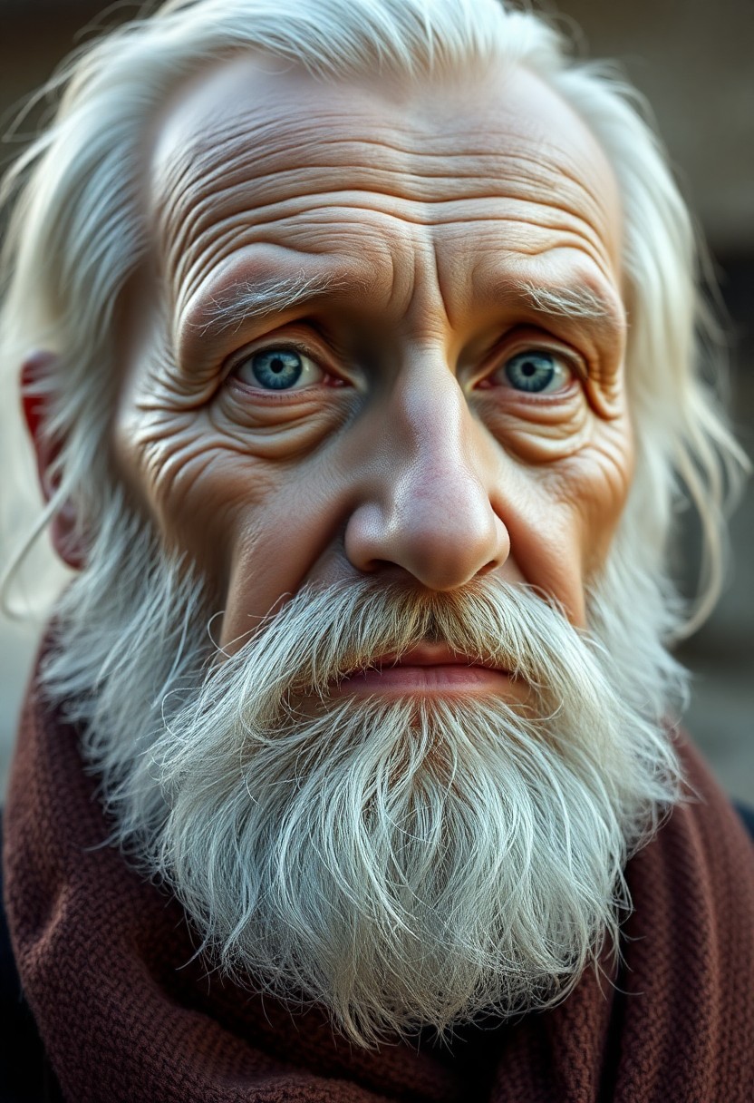 AI generated art for prompt: Craft an ultra-realistic portrait of an elderly Slavic man with piercing blue eyes and a flowing whi