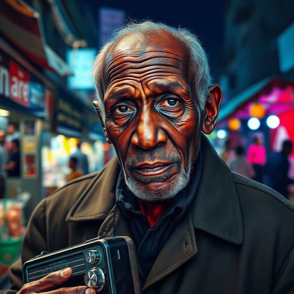 AI generated art for prompt: Craft an ultrarealistic oil painting portrait of an elderly African man, his worn overcoat contrasti