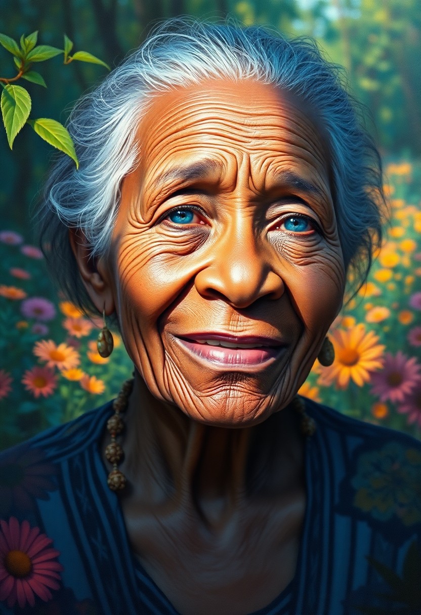 AI generated art for prompt: Craft a hyperrealistic oil painting of an elderly Melanesian woman with serene blue eyes and a capti