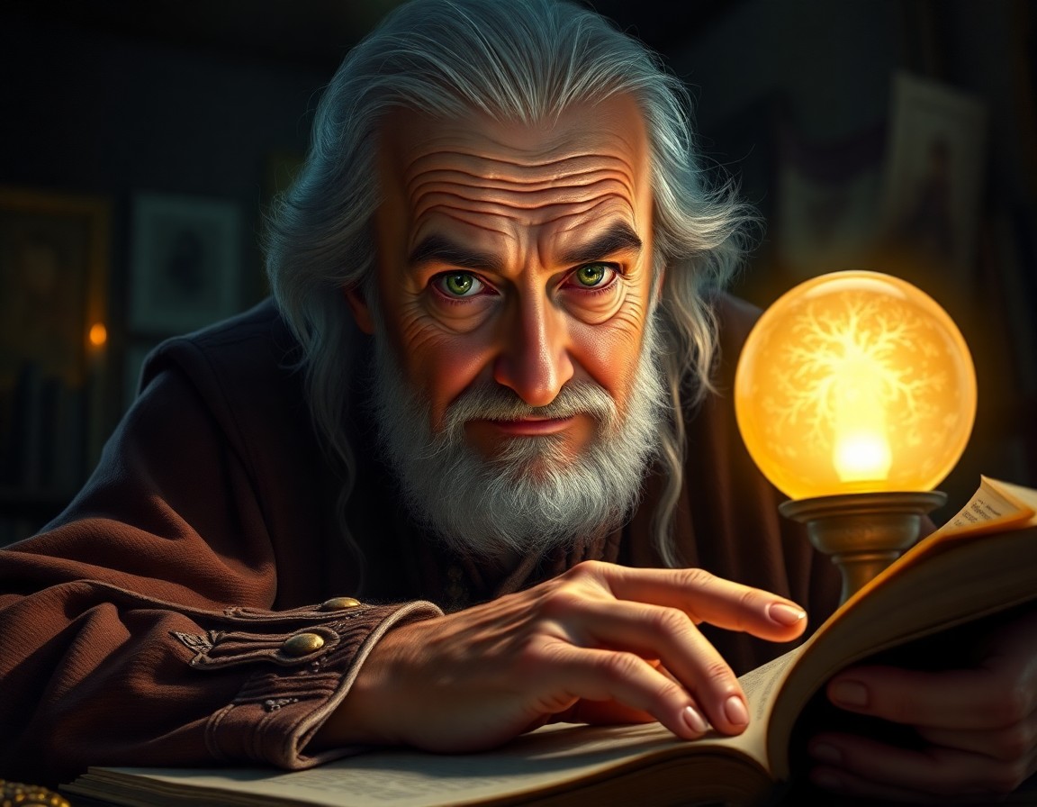 AI generated art for prompt: Aged and wise, the wizard sits in his study, illuminated by a glowing orb on his desk which casts in