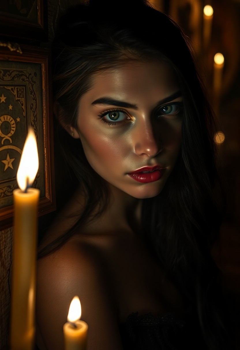 AI generated art for prompt: In a Rembrandt-inspired chiaroscuro style, create an intimate portrait of a mysterious woman with ca