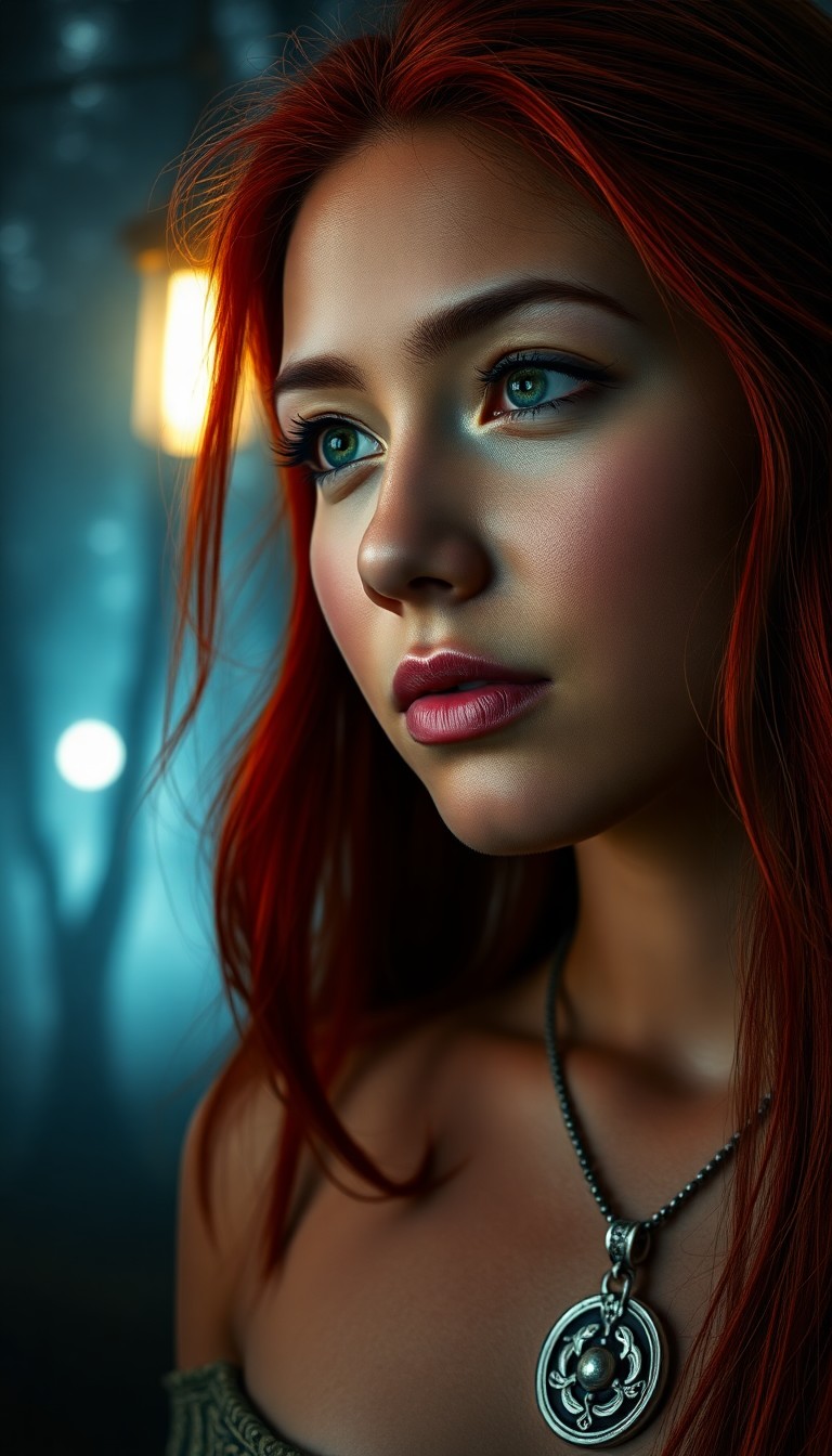 AI generated art for prompt: A close-up portrait of a young Pacific Islander woman with vibrant red hair and a silver amulet ador