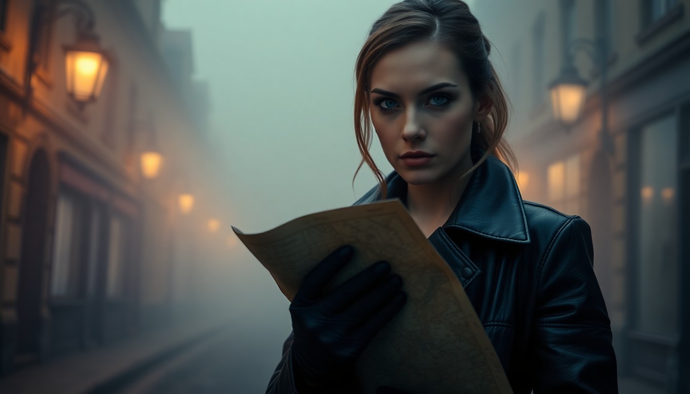 AI generated art for prompt: An enigmatic female detective with sharp features and shy blue eyes stands amidst a foggy street, he