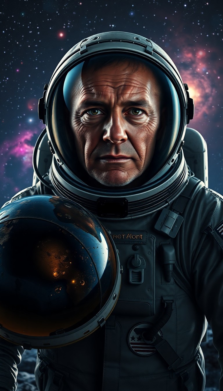 AI generated art for prompt: A hyper-realistic portrait captures a spacefaring astronaut's weathered visage, their creased skin a