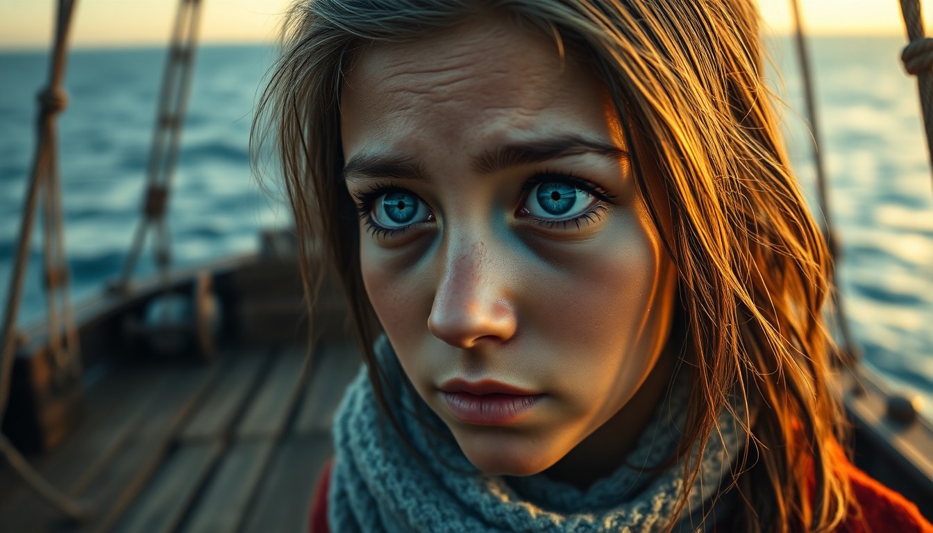 AI generated art for prompt: A captivating high-resolution portrait showcases a traditional girl with rugged skin and wistful blu