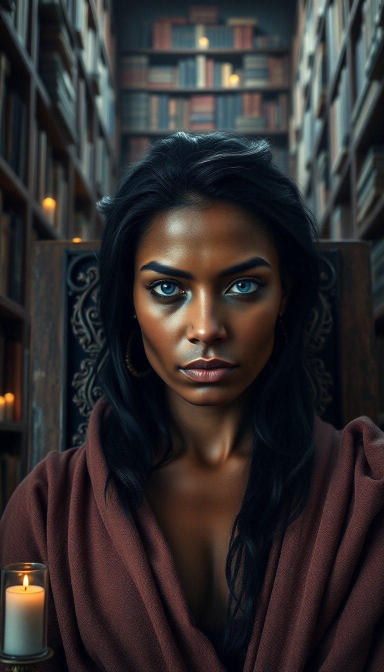 AI generated art for prompt: A photorealistic portrait depicts an enigmatic Melanesian woman with tranquil blue eyes and raven ha