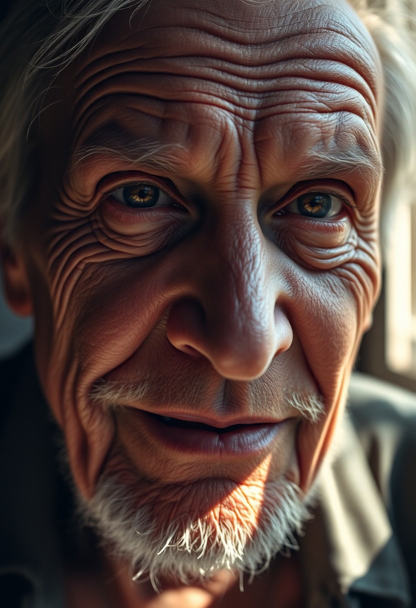 AI generated art for prompt: Craft an ultra-realistic portrait of an elderly man with deep wrinkles and soulful eyes, his weather