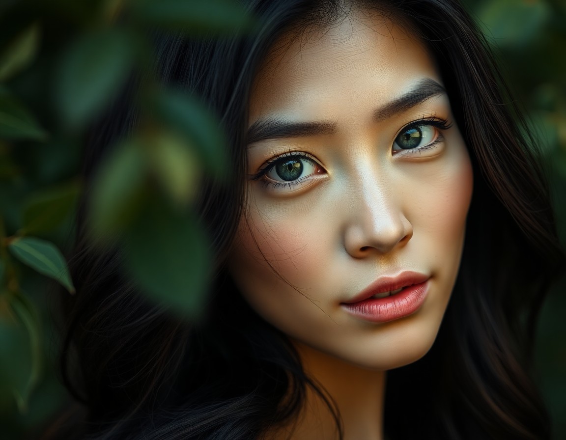 AI generated art for prompt: Craft a close-up portrait of an enigmatic East Asian woman with gentle green eyes, olive skin, and r