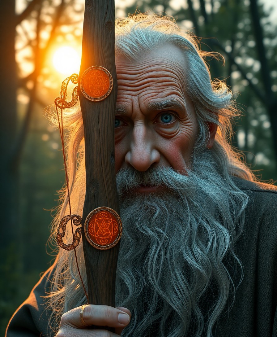 AI generated art for prompt: Craft an ultra-realistic portrait of a wise old wizard with deep wrinkles and serene blue eyes, bath