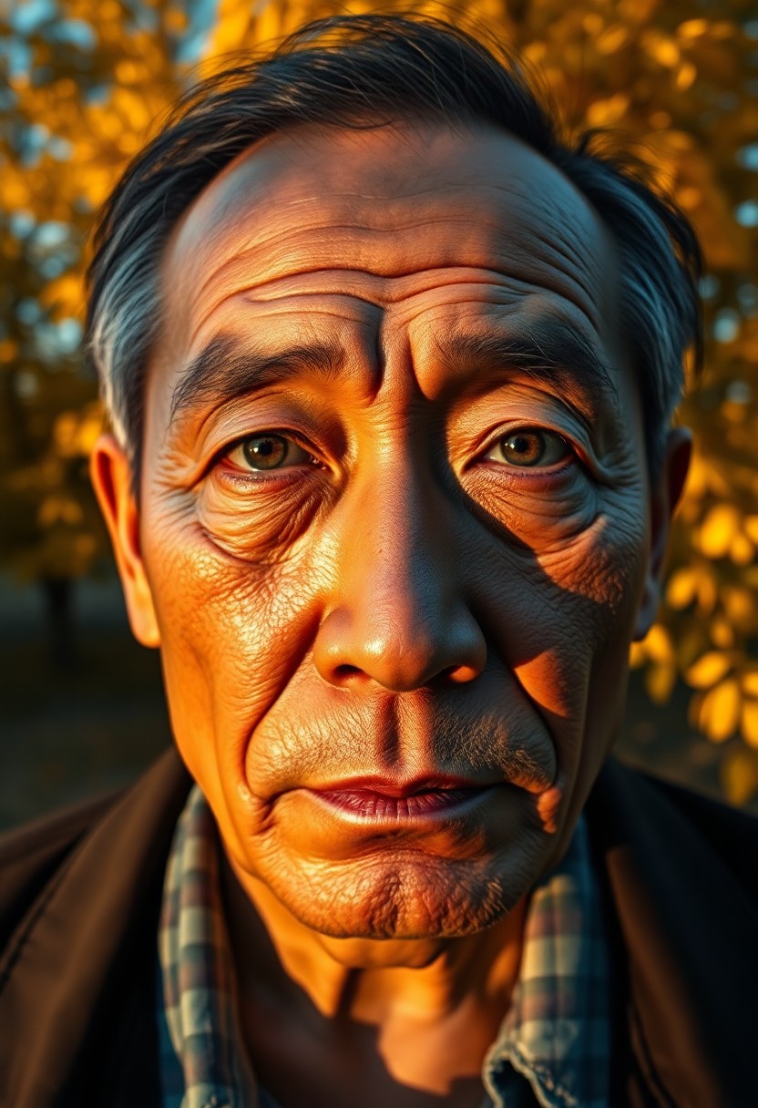 AI generated art for prompt: Envision a portrait of an East Asian man in his middle age, his face etched with deep wrinkles, a te