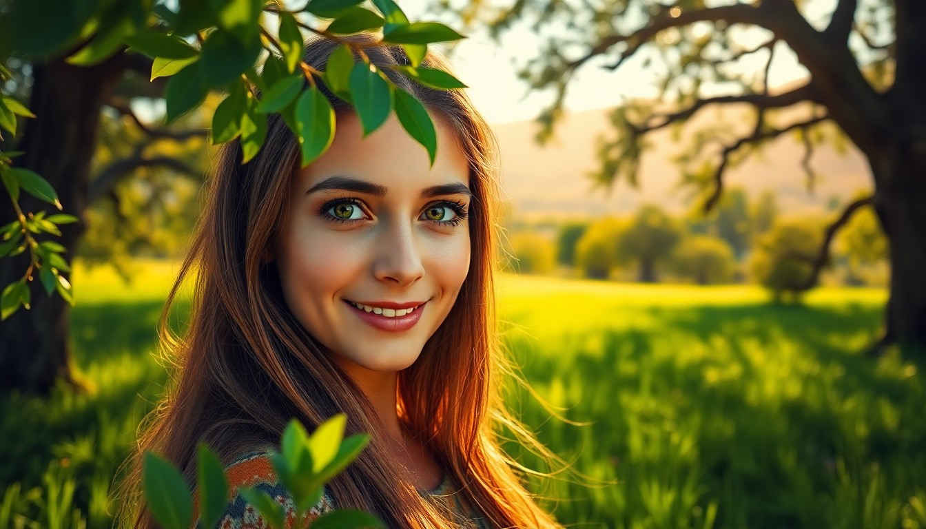 AI generated art for prompt: A photorealistic portrait depicts a serene young North African woman with tender green eyes and a su