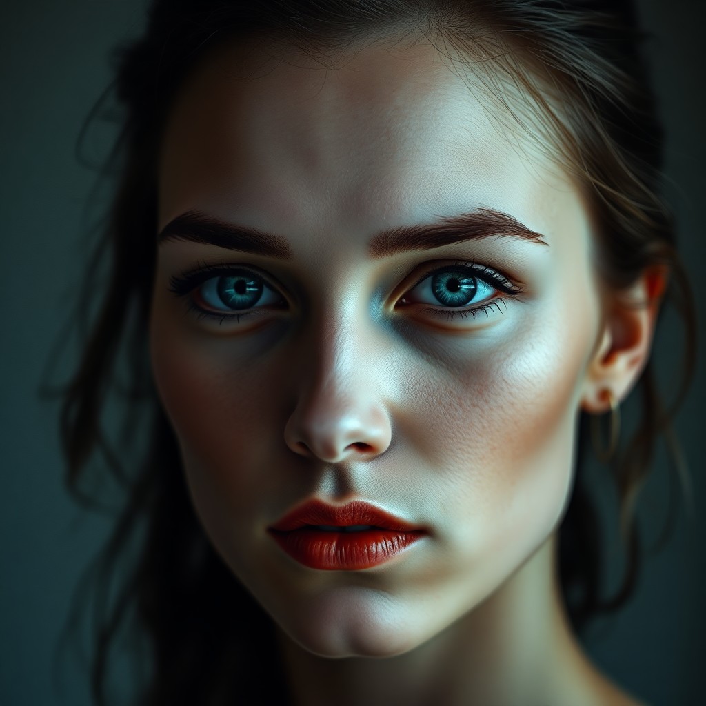 AI generated art for prompt: Craft a photorealistic Renaissance portrait of a woman with porcelain skin and captivating blue eyes