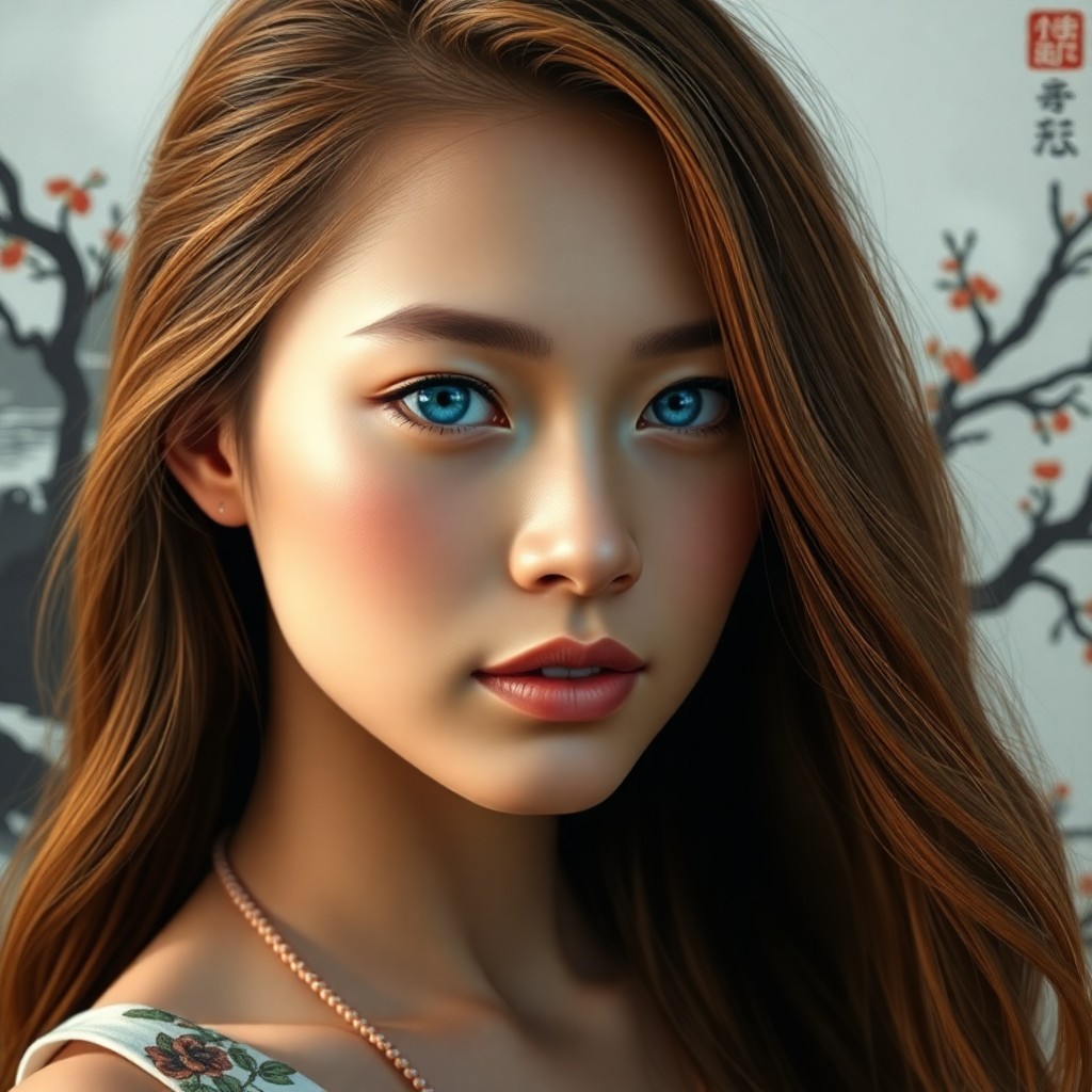 AI generated art for prompt: Craft a hyper-realistic portrait of a youthful Polynesian woman with soft blue eyes and cascading ch