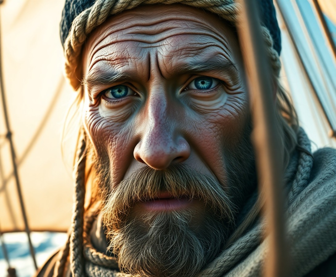 AI generated art for prompt: Imagine a photorealistic portrait of a weathered sea captain with clouded blue eyes and rugged featu