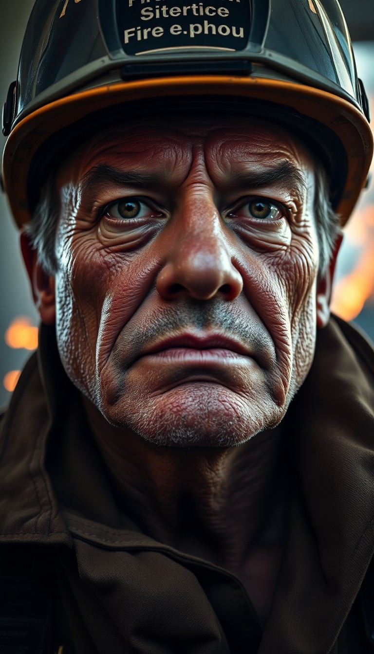 AI generated art for prompt: Create a hyperrealistic portrait of an experienced firefighter, their weathered face etched with lin