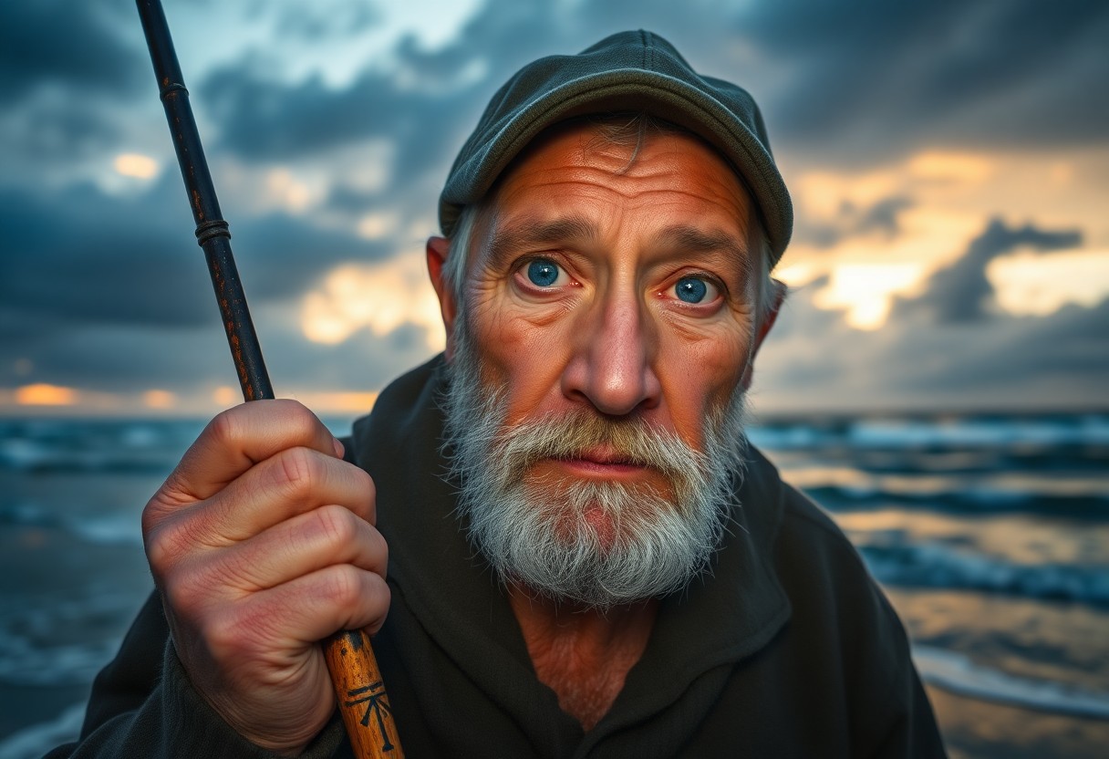 AI generated art for prompt: Craft a photorealistic portrait of an aged fisherman with clouded blue eyes and sun-creased skin. He