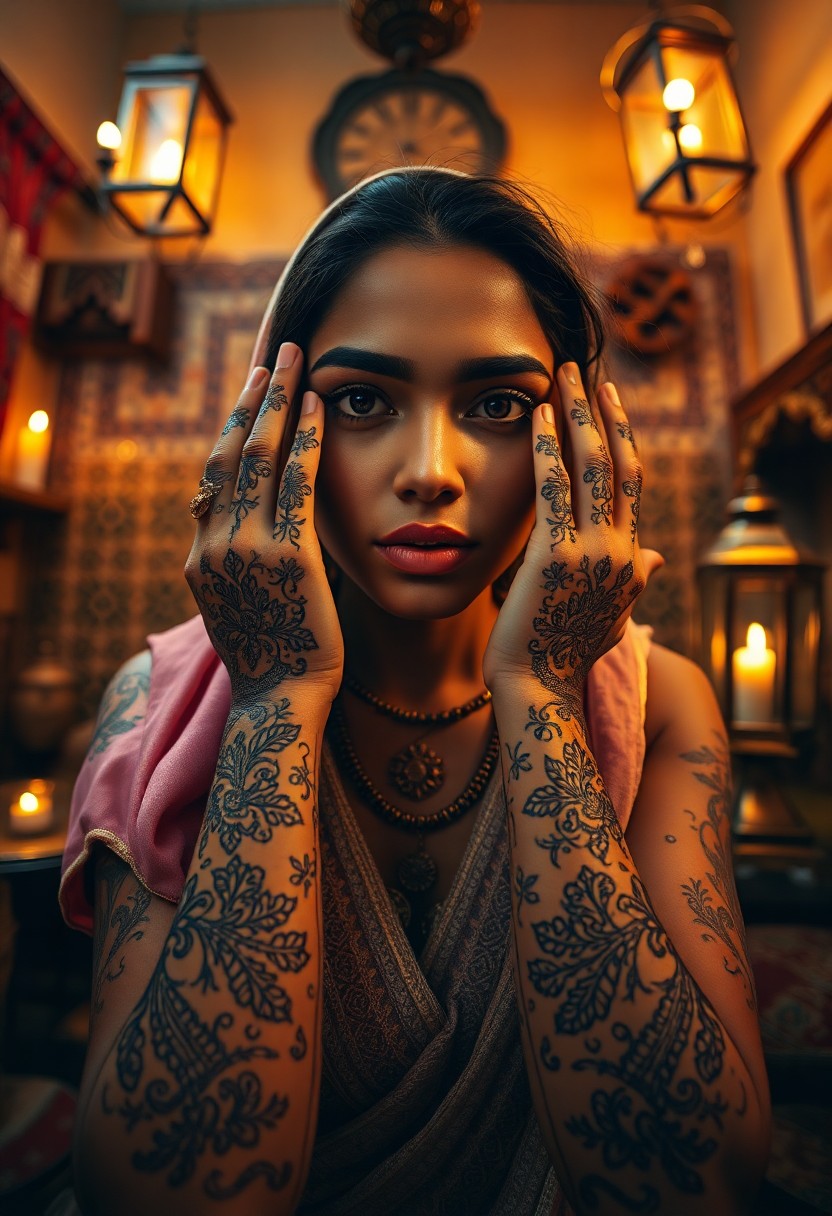 AI generated art for prompt: Craft a hyper-realistic portrait of an enigmatic South Asian woman adorned with intricate henna tatt