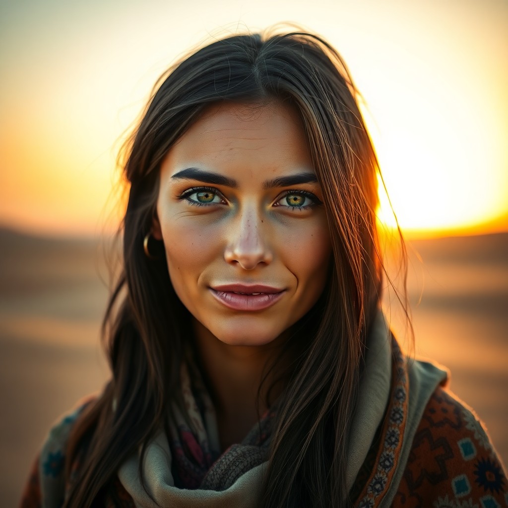 AI generated art for prompt: Embodying an experienced nomad's spirit, this portrait showcases a figure with dreamy green eyes and