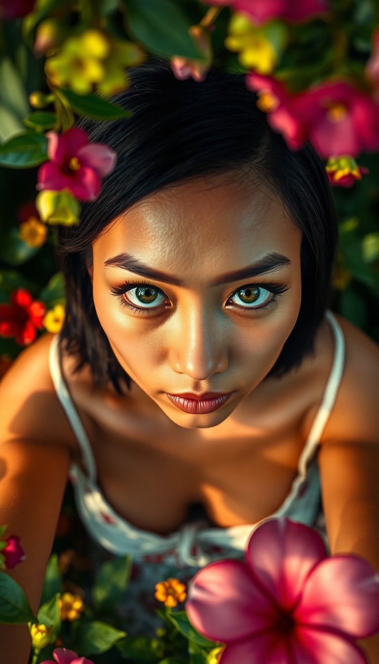 AI generated art for prompt: An iPhone portrait captures the enigmatic presence of a Micronesian woman with mesmerizing emerald e