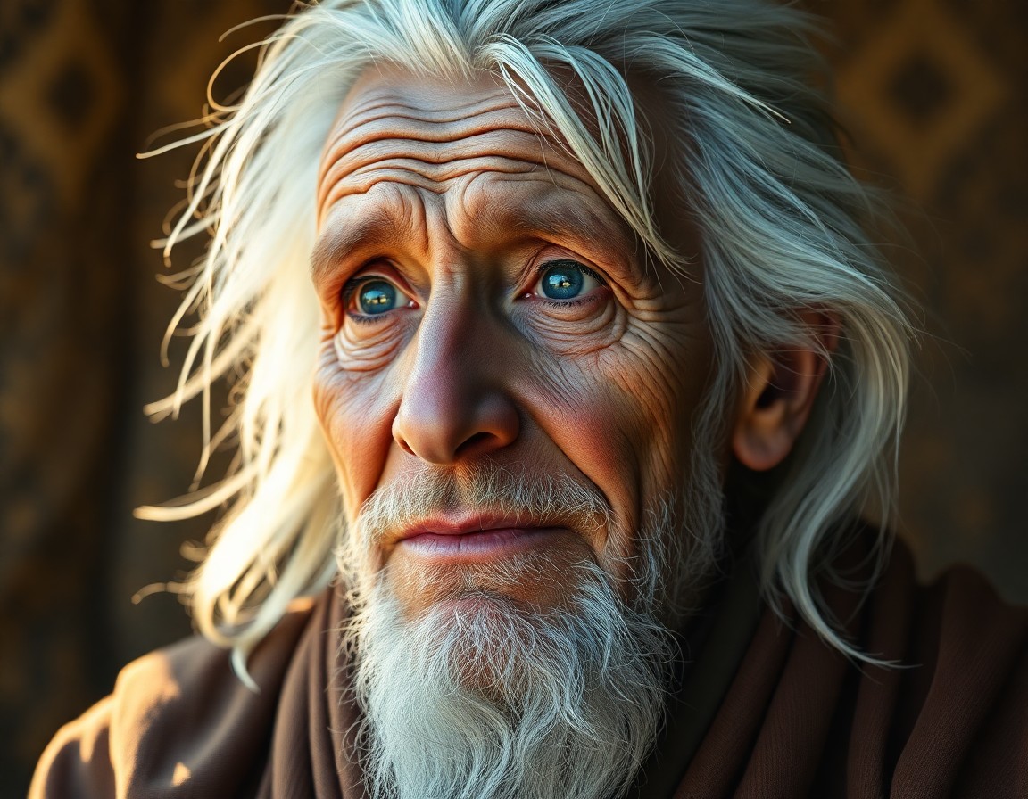 AI generated art for prompt: A photorealistic portrait photograph depicts an elderly sage with a weary yet wise expression, his f