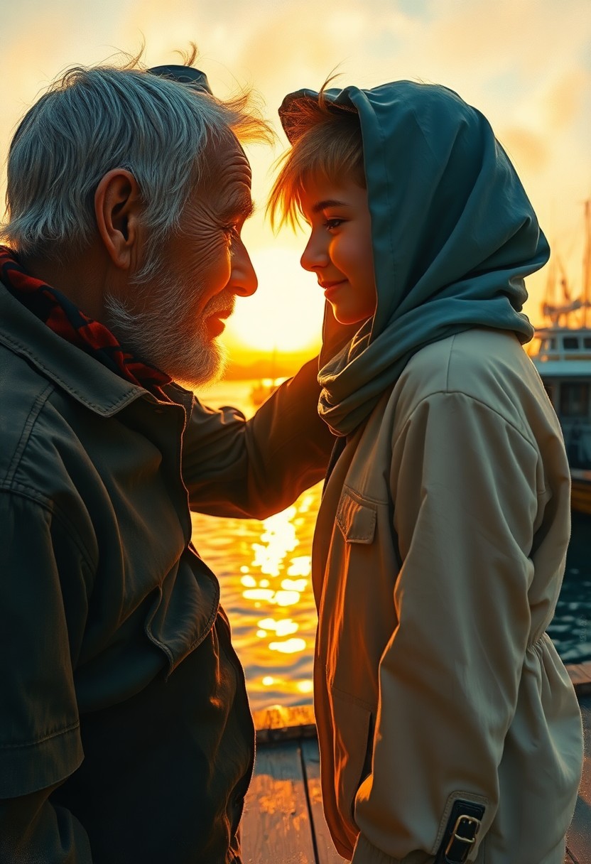 AI generated art for prompt: Envision an iPhone portrait, capturing an intimate moment between an aged sailor and their young app