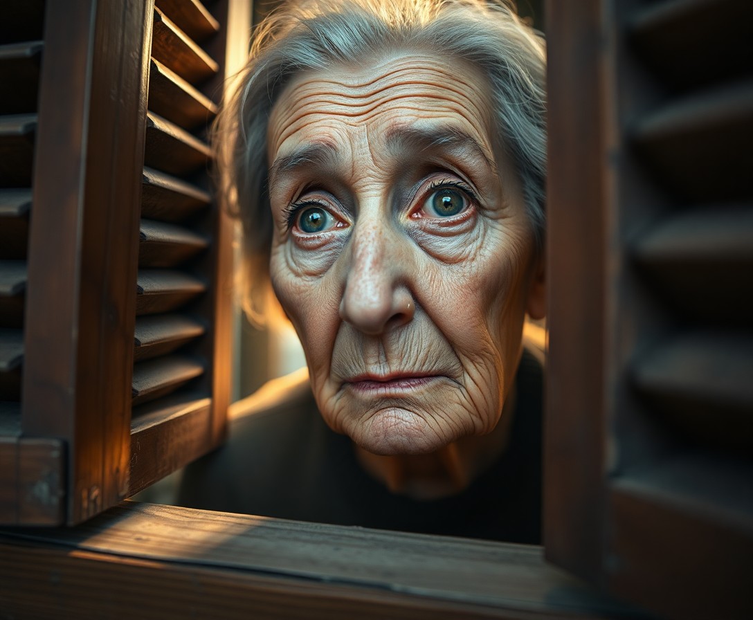 AI generated art for prompt: A photorealistic portrait of an elderly Eastern European woman captured from a unique 'bug's-eye vie