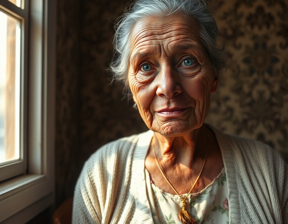 AI generated art for prompt: A superrealistic close-up portrait showcases an elderly Aboriginal woman with wrinkled skin and pier