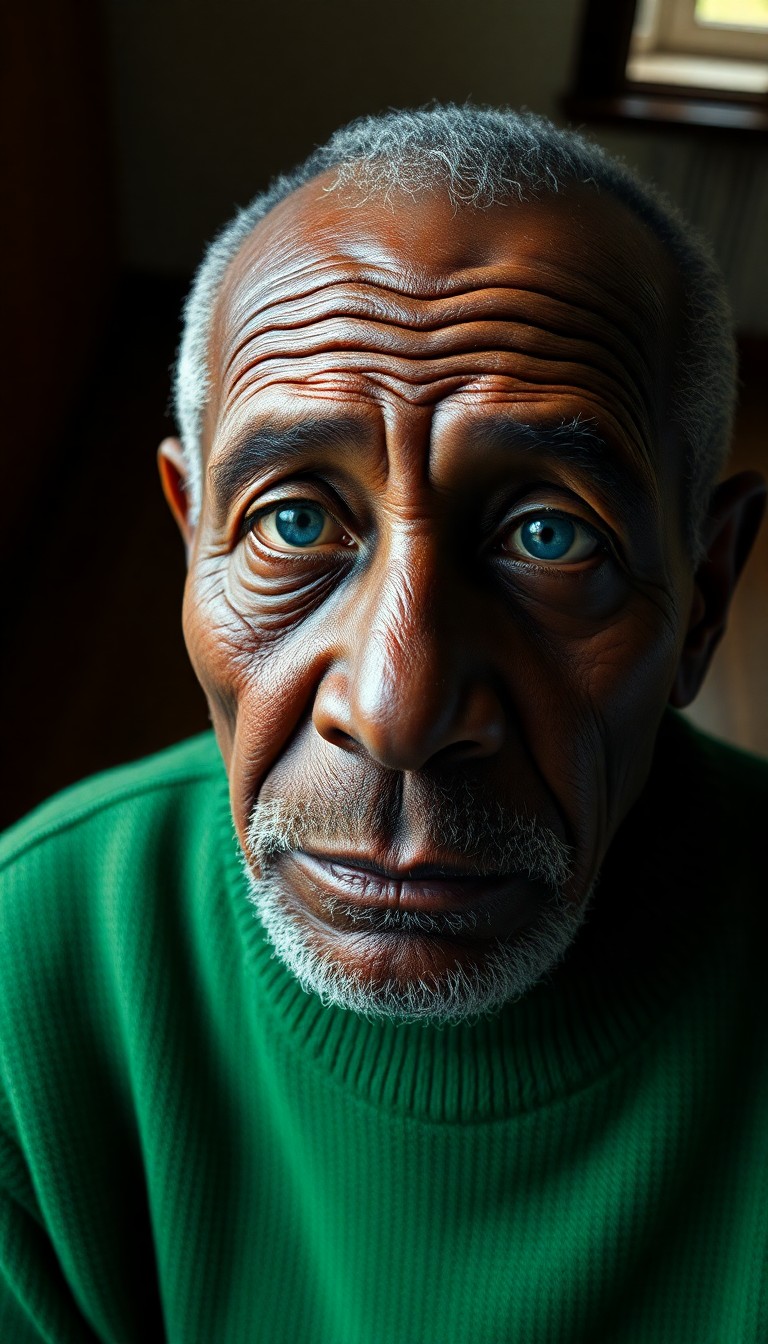 AI generated art for prompt: Create an ultra-realistic portrait of an enigmatic elderly Caribbean man with piercing blue eyes and