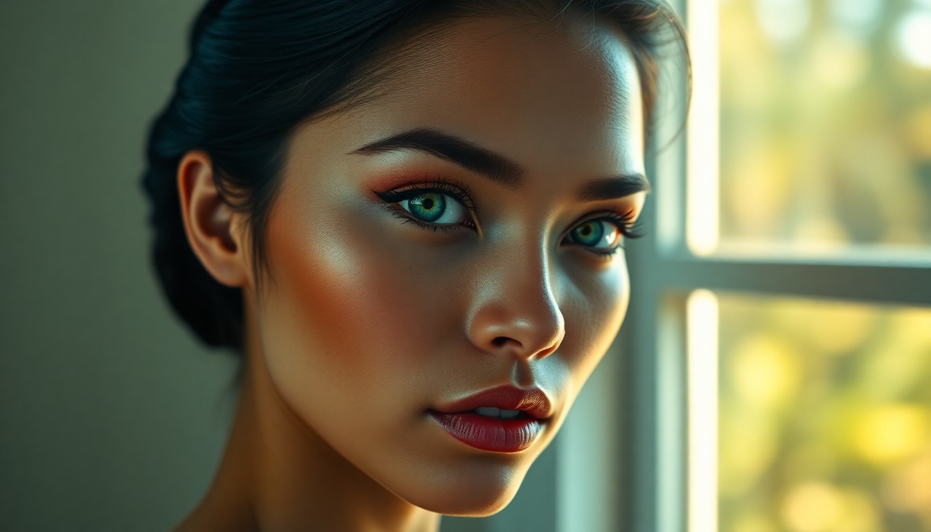 AI generated art for prompt: Craft a hyper-realistic portrait of an enigmatic Pacific Islander woman with captivating emerald eye