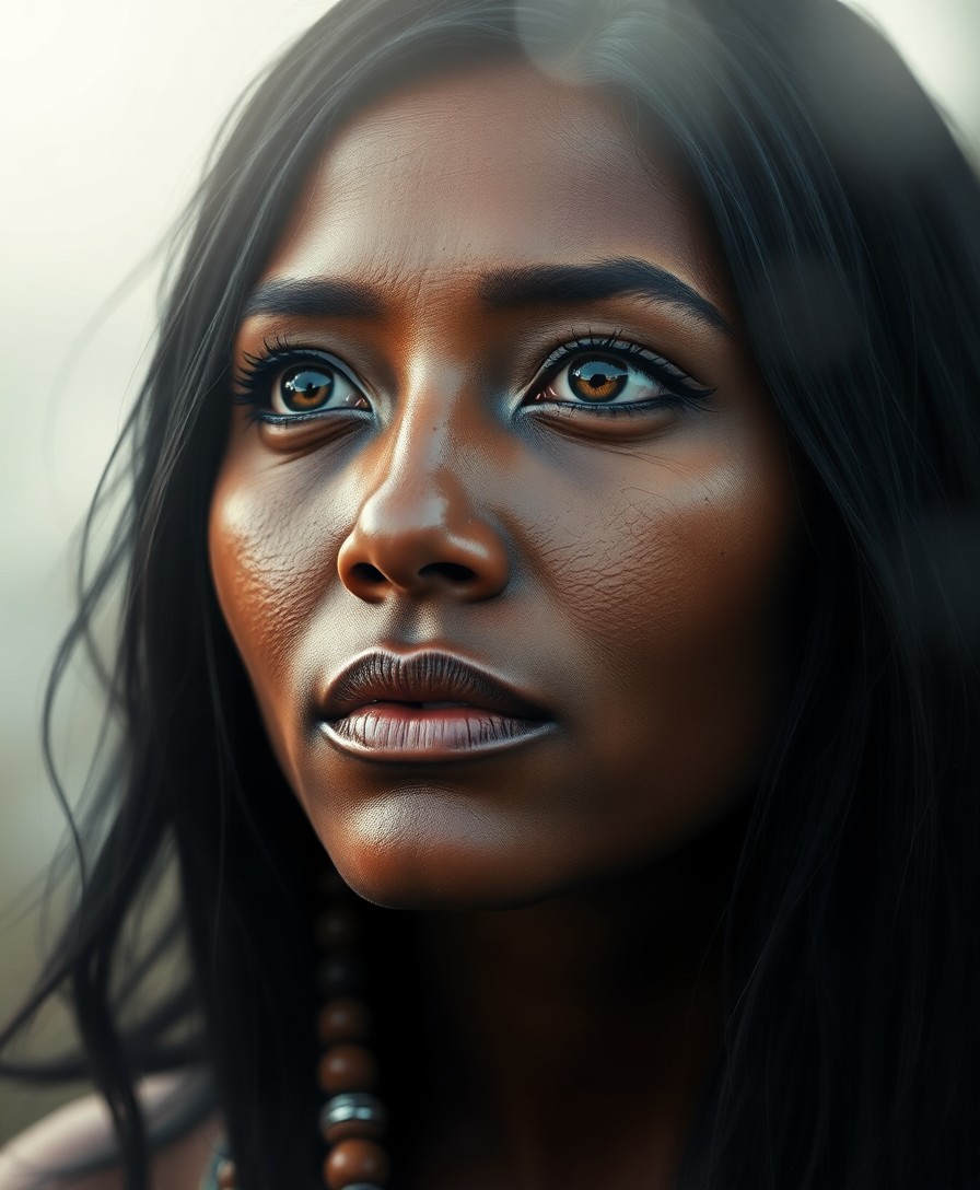 AI generated art for prompt: Imagine a photorealistic portrait of an enigmatic Aboriginal woman with raven-black hair and captiva