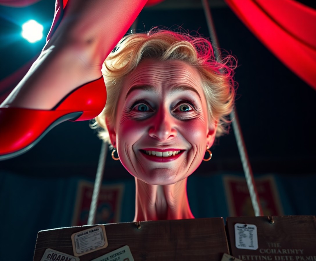 AI generated art for prompt: A photorealistic portrait photograph captures a mature circus performer mid-smile, her face adorned 