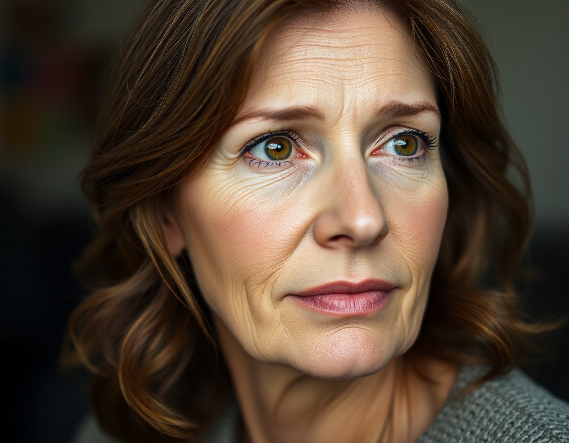 AI generated art for prompt: Craft a photorealistic portrait of a middle-aged Western European woman with wavy chestnut-brown hai