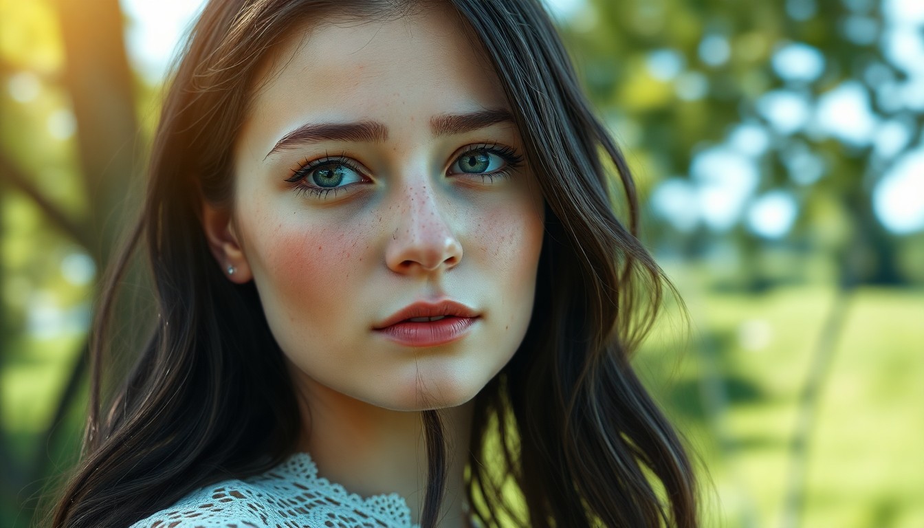 AI generated art for prompt: A photorealistic portrait photograph showcases a youthful Nordic woman with warm green eyes and deli