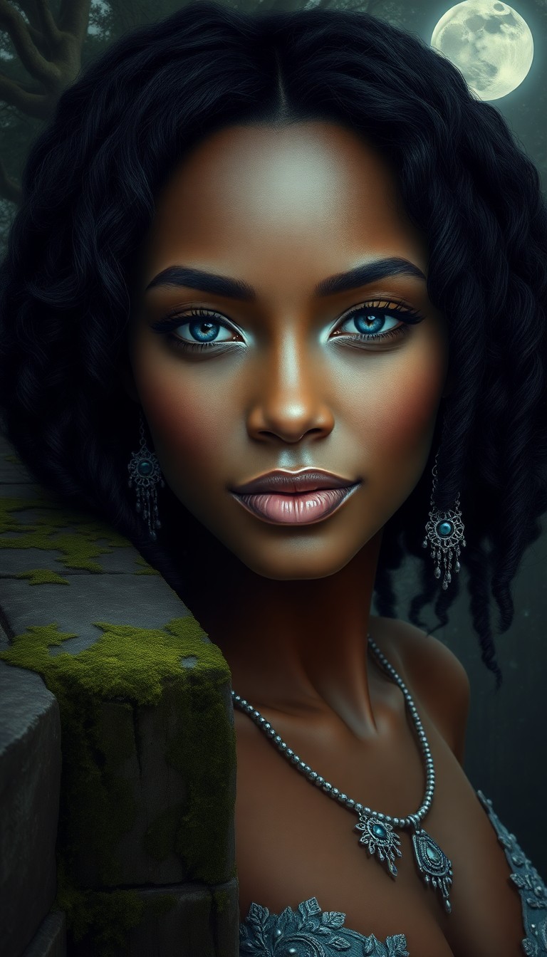 AI generated art for prompt: Craft a highly realistic portrait of an enigmatic African woman with porcelain-like skin, cascading 