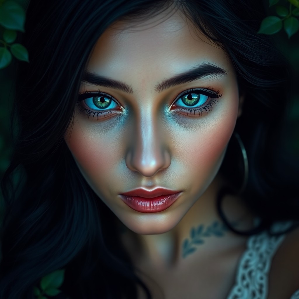 AI generated art for prompt: Craft a hyperrealistic portrait of a South Asian woman with soft green eyes and raven-black hair flo