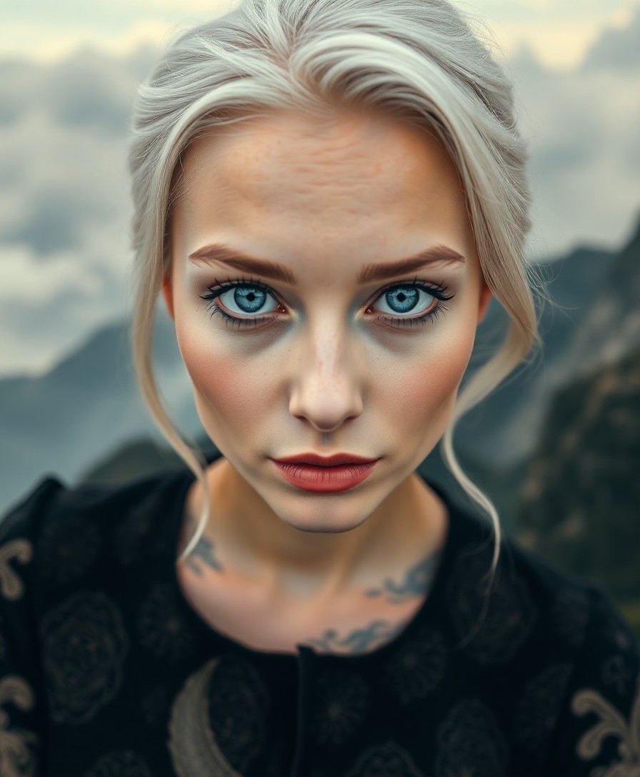 AI generated art for prompt: A portrait photograph showcases a captivating Caucasian woman with intense blue eyes and silver-whit