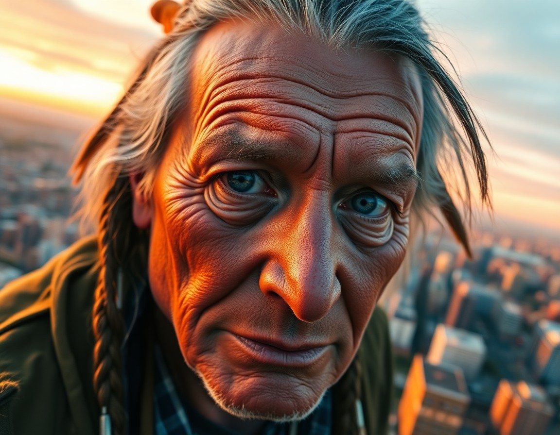 AI generated art for prompt: Create a highly detailed photorealistic portrait of an elderly Native American man with rugged featu