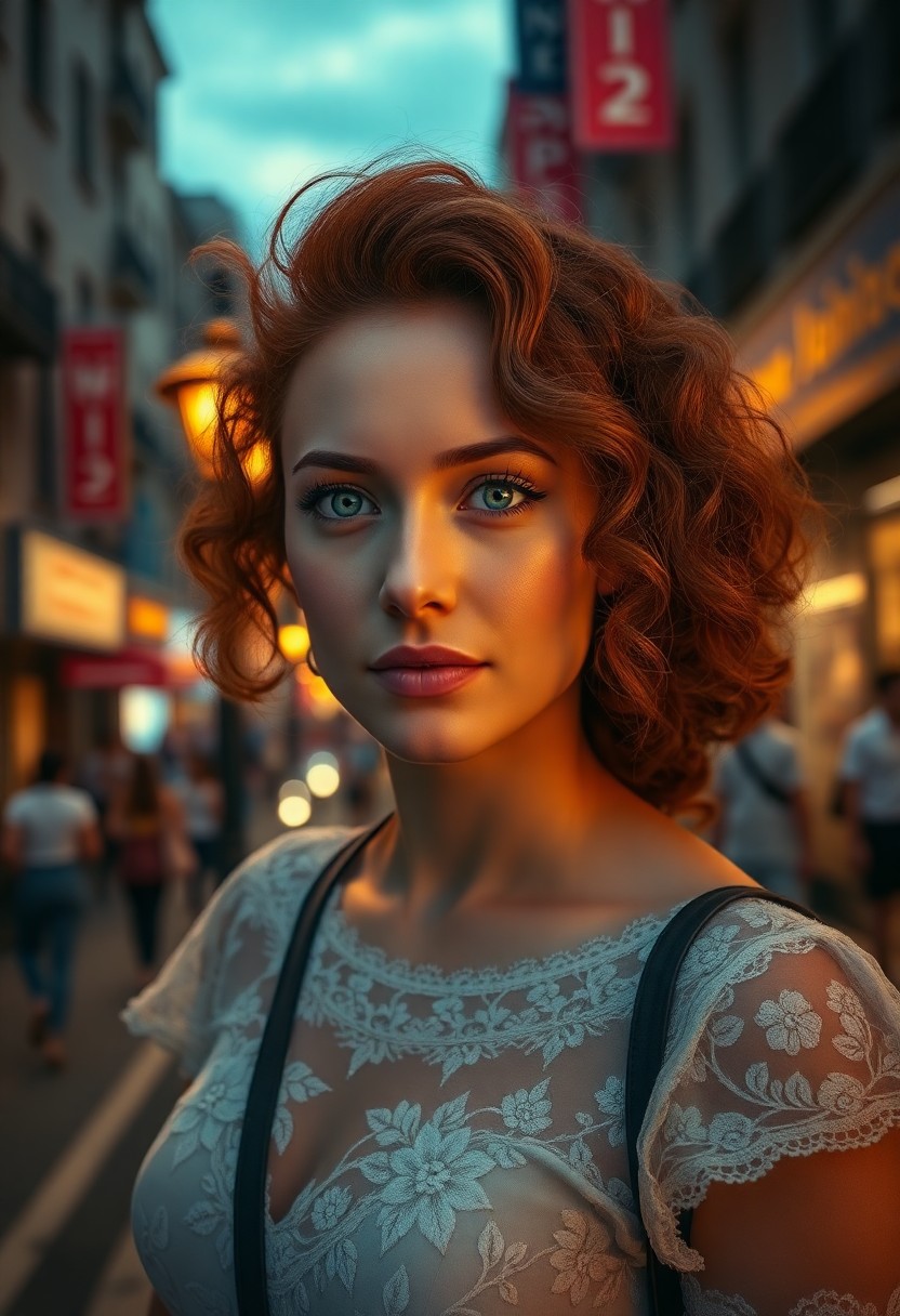 AI generated art for prompt: Craft a photorealistic portrait of a Polynesian woman with kind blue eyes and cascading red curls, s